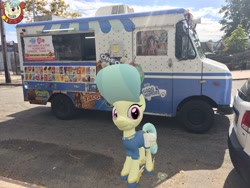 Size: 3264x2448 | Tagged: safe, artist:topsangtheman, gameloft, species:earth pony, species:pony, g4, 3d, cinnabar, golden hooves, ice cream truck, irl, looking at you, new york city, photo, ponies in real life, quicksilver, solo, source filmmaker