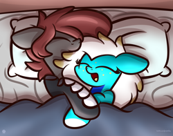 Size: 3250x2560 | Tagged: safe, artist:kimjoman, oc, oc only, oc:artfulcord, oc:lollia, species:pegasus, species:pony, g4, amputee, bed, commission, cuddling, cute, pegasus oc, pillow, prosthetic, prosthetic leg, prosthetic limb, prosthetics, shipping, sikan pegasus, snuggling, wings