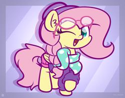 Size: 3250x2560 | Tagged: safe, artist:kimjoman, character:fluttershy, species:pegasus, species:pony, g4, alternate hairstyle, bandana, clothing, cute, ear fluff, fedora, female, glasses, hat, hipstershy, mare, one eye closed, open mouth, raised hoof, shorts, shyabetes, solo, sweater, wink, woke