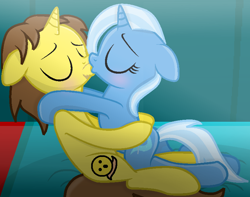 Size: 776x610 | Tagged: safe, alternate version, artist:grapefruitface1, artist:ukulelemoon, base used, character:trixie, oc, oc:grapefruit face, self insert, species:pony, g4, bed, bedroom, canon x oc, curtains, grapexie, kissing, shipping, show accurate