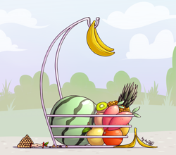 Size: 1827x1609 | Tagged: safe, alternate version, artist:dsp2003, g4, apple, banana, banana peel, cloud, commission, food, fruit, fruit basket, kiwi, mango, no pony, orange, pineapple, signature, watermelon