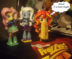 Size: 1500x1237 | Tagged: safe, artist:grapefruitface1, character:fluttershy, character:sunset shimmer, character:trixie, g4, my little pony:equestria girls, caught, chips, doll, equestria girls minis, food, frazzles, implied eating, photography, toy