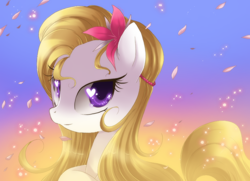 Size: 900x650 | Tagged: dead source, safe, artist:loyaldis, background pony, banner mares, crescendo, cute, flower, flower in hair, heart eyes, petals, solo, wingding eyes