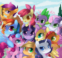 Size: 1900x1800 | Tagged: dead source, safe, artist:loyaldis, character:apple bloom, character:applejack, character:babs seed, character:fluttershy, character:pinkie pie, character:rainbow dash, character:rarity, character:scootaloo, character:spike, character:sweetie belle, character:twilight sparkle, character:twilight sparkle (unicorn), species:dragon, species:earth pony, species:pegasus, species:pony, species:unicorn, applejack's hat, best friends, bow, cloud, cutie mark crusaders, female, filly, group shot, hair bow, heart eyes, male, mane seven, mane six, mare, open mouth, sky, smiling, wingding eyes