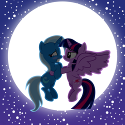 Size: 2000x2000 | Tagged: safe, artist:navitaserussirus, character:trixie, character:twilight sparkle, character:twilight sparkle (alicorn), species:alicorn, species:pony, ship:twixie, female, lesbian, mare, moon, shipping