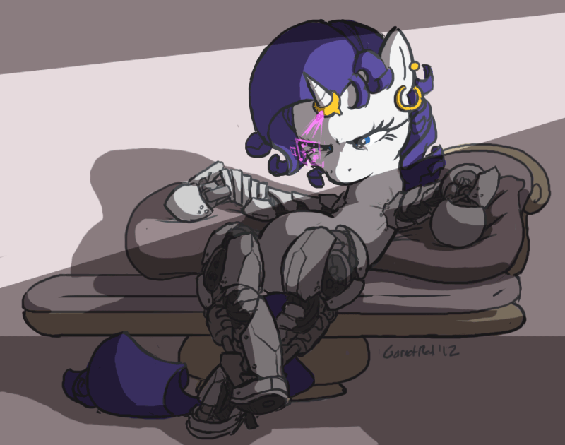Size: 800x630 | Tagged: safe, artist:moronsonofboron, character:rarity, alternate hairstyle, amputee, animated, augmented, biohacking, cyborg, deus ex, deus ex: human revolution, eye shimmer, fainting couch, female, hologram, horn ring, i never asked for this, prosthetics, storm princess