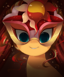 Size: 500x600 | Tagged: dead source, safe, artist:loyaldis, character:sunset shimmer, species:pony, species:unicorn, bust, empty eyes, female, grin, looking at you, mare, mask, masked shimmer, portrait, sitting, smiling, solo
