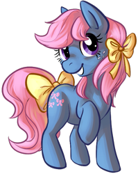 Size: 537x674 | Tagged: source needed, safe, artist:php27, character:bowtie (g1), species:earth pony, species:pony, g1, g4, bow, female, g1 to g4, hair bow, mare, raised hoof, simple background, smiling, tail bow, transparent background