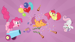 Size: 1920x1080 | Tagged: safe, artist:joey darkmeat, artist:zutheskunk traces, character:apple bloom, character:pinkie pie, character:scootaloo, character:sweetie belle, species:pegasus, species:pony, cutie mark crusaders, party cannon, pony cannonball, vector, vector trace