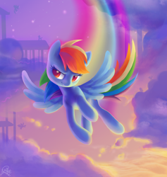Size: 2324x2448 | Tagged: safe, artist:dawnfire, character:rainbow dash, colored pupils, female, flying, high res, signature, solo, spread wings, trail, vertigo, wings