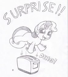 Size: 959x1077 | Tagged: safe, artist:joey darkmeat, character:sweetie belle, cute, diasweetes, female, monochrome, solo, toaster, traditional art