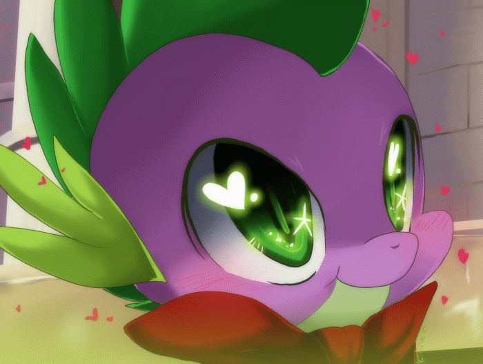 Size: 700x527 | Tagged: dead source, safe, artist:loyaldis, character:spike, species:dragon, animated, baby, baby dragon, blushing, bow tie, cute, eye reflection, green eyes, heart, looking up, male, reflection, smiling, solo, spikabetes, wingding eyes