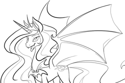 Size: 822x547 | Tagged: source needed, safe, artist:php27, character:princess celestia, species:bat pony, bat wings, bedroom eyes, countess draculestia, fangs, female, irony, lineart, looking at you, monochrome, open mouth, smiling, smirk, solo, spread wings, sunbat, tongue out, vampire, wings