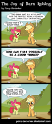Size: 2500x5956 | Tagged: safe, artist:pony-berserker, character:apple bloom, character:applejack, species:earth pony, species:pony, comic:the joy of barn raising, episode:apple family reunion, g4, my little pony: friendship is magic, barn, comic, destroyed, dialogue, duo, duo female, english, eyes closed, female, filly, happy, humor, inkscape, mare, open mouth, outdoors, plank, raised hoof, realisation, smiling, speech bubble, standing, startled, talking, vector, wide eyes, yelling