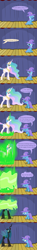 Size: 1280x8613 | Tagged: safe, artist:evil-dec0y, character:princess celestia, character:queen chrysalis, species:changeling, species:pony, species:unicorn, comic:trixie vs., ask, cape, changeling queen, clothing, comic, duo, duo female, female, hat, hilarious in hindsight, mare, stage, trixie's cape, trixie's hat, tumblr