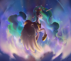 Size: 2056x1772 | Tagged: safe, artist:dawnfire, character:princess celestia, species:alicorn, species:pony, g4, beautiful, clothing, colored pupils, crown, epic, female, flying, frown, glare, glow, hoof shoes, jewelry, lidded eyes, mare, necklace, peytral, regalia, shoes, signature, solo, sparkles, stars, sunrise, three quarter view, wing fluff, wings
