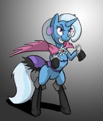 Size: 643x752 | Tagged: safe, alternate version, artist:moronsonofboron, character:trixie, species:pony, species:unicorn, bipedal, boots, cape, clothing, ear piercing, earring, female, gradient background, grin, jewelry, mare, pentagram, piercing, rearing, smiling, solo