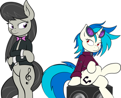 Size: 1500x1209 | Tagged: safe, artist:agamnentzar, artist:joey darkmeat, artist:pozdn9k, character:dj pon-3, character:octavia melody, character:vinyl scratch, species:earth pony, species:pony, species:unicorn, bipedal, clothing, duo, female, glasses, jacket, mare, simple background, speakers, transparent background