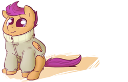 Size: 571x365 | Tagged: safe, artist:php27, artist:rustydooks, character:scootaloo, species:pegasus, species:pony, clothing, female, filly, foal, hooves, jacket, sitting, smiling, solo, wings
