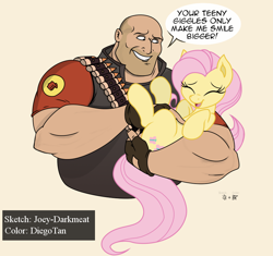 Size: 888x835 | Tagged: safe, artist:diegotan, artist:joey darkmeat, edit, character:fluttershy, species:human, species:pegasus, species:pony, color edit, colored, crossover, dialogue, duo, eyes closed, heavy weapons guy, holding a pony, simple background, speech bubble, team fortress 2, tickling