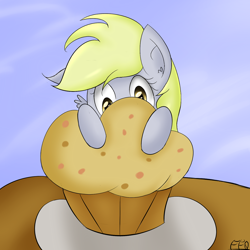 Size: 1280x1280 | Tagged: safe, artist:freefraq, character:derpy hooves, species:pegasus, species:pony, female, giant muffin, mare, muffin