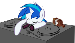 Size: 1292x737 | Tagged: safe, artist:php27, character:dj pon-3, character:vinyl scratch, species:pony, species:unicorn, alcohol, drool, drunk, female, sleeping, solo, turntable