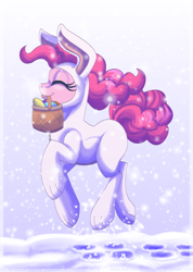 Size: 900x1267 | Tagged: safe, artist:inuhoshi-to-darkpen, character:pinkie pie, basket, bunny costume, clothing, costume, easter, easter bunny, female, mouth hold, snow, snowfall, solo