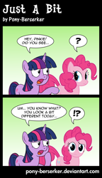Size: 5000x8704 | Tagged: safe, artist:pony-berserker, character:pinkie pie, character:twilight sparkle, species:earth pony, species:pony, species:unicorn, comic:just a bit, ponyscape, 2013, absurd resolution, alternate style, asking, comic, confused, dialogue, duo, duo female, english, exclamation point, female, floppy ears, frown, gradient background, inkscape, interrobang, lidded eyes, looking at each other, looking at you, mare, pointing, question mark, raised hoof, raised leg, speech bubble, standing, talking, thinking, vector, wondering