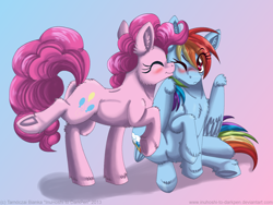 Size: 900x675 | Tagged: safe, artist:inuhoshi-to-darkpen, character:pinkie pie, character:rainbow dash, species:earth pony, species:pegasus, species:pony, fanfic:the life and times of a winning pony, ship:pinkiedash, winningverse, chest fluff, duo, ear fluff, fanfic, fanfic art, female, frog (hoof), gradient background, kiss on the cheek, kissing, lesbian, one eye closed, shipping, underhoof, unshorn fetlocks