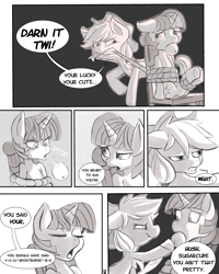 Size: 2800x3500 | Tagged: safe, artist:fauxsquared, character:applejack, character:twilight sparkle, species:earth pony, species:pony, species:unicorn, ship:twijack, applejack's hat, bondage, chair, clothing, comic, cowboy hat, crying, dialogue, eyes closed, female, floppy ears, fourth wall, gag, glare, grammar error, grammar nazi, gritted teeth, hat, hoof hold, lesbian, mare, mouth hold, open mouth, orange, pedantry, raised eyebrow, rope, shipping, sitting, smirk, speech bubble, tied up, underhoof, wide eyes, you're
