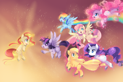 Size: 3000x2000 | Tagged: dead source, safe, artist:loyaldis, character:applejack, character:fluttershy, character:pinkie pie, character:rainbow dash, character:rarity, character:sunset shimmer, character:twilight sparkle, character:twilight sparkle (alicorn), species:alicorn, species:earth pony, species:pegasus, species:pony, species:unicorn, alternate mane seven, cute, dashabetes, diapinkes, female, floating, flying, glow, heart eyes, hilarious in hindsight, jackabetes, magic, mane six, mare, raribetes, shimmerbetes, shyabetes, sunshine shimmer, twiabetes, unshorn fetlocks, wingding eyes