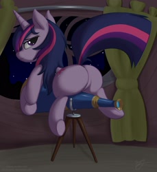 Size: 2294x2500 | Tagged: safe, artist:skipsy, character:twilight sparkle, species:pony, species:unicorn, featureless crotch, female, high res, looking at you, night, plot, plump, signature, solo, squishy, squooshy, stars, telescope