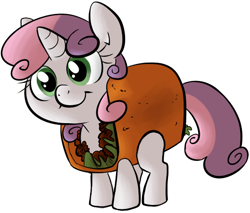 Size: 558x476 | Tagged: safe, artist:php27, character:sweetie belle, species:pony, species:unicorn, :t, clothing, costume, cute, diasweetes, female, filly, food, food costume, looking at you, pony as food, pun, simple background, smiling, solo, taco, taco belle, white background