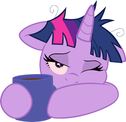 Size: 1790x1736 | Tagged: safe, artist:jerick, artist:joey darkmeat, character:twilight sparkle, bed mane, coffee, female, floppy ears, hoof hold, looking at you, morning ponies, mug, simple background, solo, tired, transparent background, vector, wink