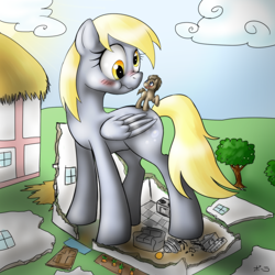 Size: 1200x1200 | Tagged: safe, artist:jitterbugjive, character:derpy hooves, character:doctor whooves, character:time turner, species:earth pony, species:pegasus, species:pony, blushing, carrot, couch, female, giant derpy hooves, giant pony, giantess, hilarious in hindsight, house, macro, mare, scrunchy face, size difference