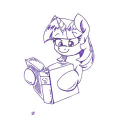 Size: 596x626 | Tagged: safe, artist:joey darkmeat, character:twilight sparkle, species:pony, book, female, mare, monochrome, reading, smiling, solo, traditional art