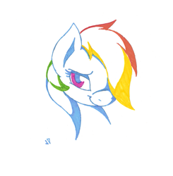 Size: 565x576 | Tagged: safe, artist:joey darkmeat, character:rainbow dash, species:pegasus, species:pony, bust, female, hair over one eye, lidded eyes, looking at you, simple background, smiling, solo, traditional art, white background