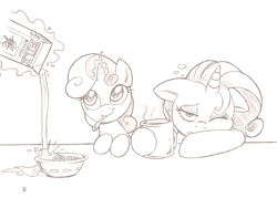 Size: 1013x724 | Tagged: safe, artist:joey darkmeat, character:rarity, character:sweetie belle, cereal, coffee, cute, milk, monochrome, morning, traditional art