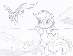 Size: 1037x801 | Tagged: safe, artist:joey darkmeat, character:rainbow dash, character:scootaloo, species:pegasus, species:pony, hang in there, monochrome, traditional art