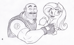 Size: 1102x669 | Tagged: safe, artist:joey darkmeat, character:fluttershy, species:human, species:pegasus, species:pony, crossover, duo, fake eyebrows, fake moustache, heavy weapons guy, looking at you, monochrome, team fortress 2, traditional art