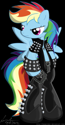 Size: 876x1668 | Tagged: safe, artist:flutterthrash, character:rainbow dash, species:pegasus, species:pony, belt, bipedal, black background, boots, chains, clothing, fashion, female, heavy metal, jewelry, mare, metal, necklace, shoes, signature, simple background, solo