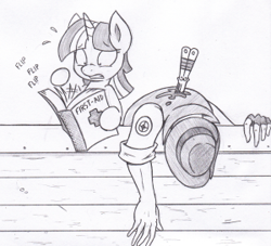 Size: 300x272 | Tagged: safe, artist:joey darkmeat, character:twilight sparkle, backstab, blood, first aid, monochrome, sniper, spy check, spycheck failed, team fortress 2, traditional art