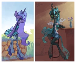 Size: 4764x3934 | Tagged: safe, artist:holivi, character:princess luna, character:queen chrysalis, species:changeling, species:pony, bipedal, changeling queen, clothing, dress, female, outfit, ponytail, skinny