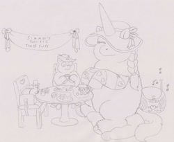 Size: 1500x1229 | Tagged: safe, artist:santanon, cake, fluffy pony, fluffy pony original art, music, music notes, simmer, stereo, table, tangelo and tangerine, tea, tea party, teapot, traditional art, wingmastew