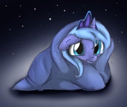 Size: 528x448 | Tagged: dead source, safe, artist:bluehaakon, artist:jessy, character:princess luna, species:alicorn, species:pony, g4, blanket, curled up, cute, female, filly, floppy ears, foal, night, photoshop elements, sad, solo, woona
