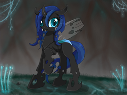Size: 680x512 | Tagged: safe, artist:evomanaphy, oc, oc only, species:changeling, blue changeling, changeling oc, changeling queen, changeling queen oc, curved horn, derp, raised hoof, solo