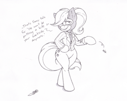 Size: 1071x854 | Tagged: safe, artist:joey darkmeat, character:applejack, species:pony, applebucking thighs, bipedal, crossover, female, meet the spy, monochrome, sketch, solo, spy, team fortress 2, traditional art, wide hips
