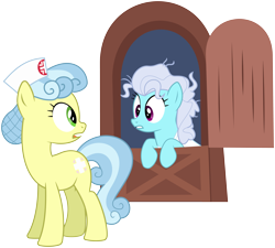 Size: 6000x5397 | Tagged: safe, artist:masem, character:nurse coldheart, character:screw loose, species:earth pony, species:pony, episode:just for sidekicks, g4, my little pony: friendship is magic, absurd resolution, confused, door, duo, duo female, female, mare, simple background, transparent background, vector