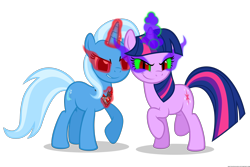 Size: 3000x2000 | Tagged: safe, artist:navitaserussirus, character:trixie, character:twilight sparkle, alicorn amulet, corrupted, corrupted twilight sparkle, dark magic, evil, glare, glowing eyes, glowing horn, grin, magic, raised hoof, raised leg, simple background, smirk, sombra eyes, transparent background, tyrant sparkle, vector