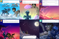 Size: 2244x1499 | Tagged: safe, artist:jitterbugjive, character:doctor whooves, character:star hunter, character:time turner, species:pegasus, species:pony, bow tie, cloud, cloudy, comic, crossover, discord whooves, doctor who, jack harkness, male, moon, night, scenery, shooting star, sky, stallion, stars, sunset, the doctor, thought bubble, torchwood, tumblr